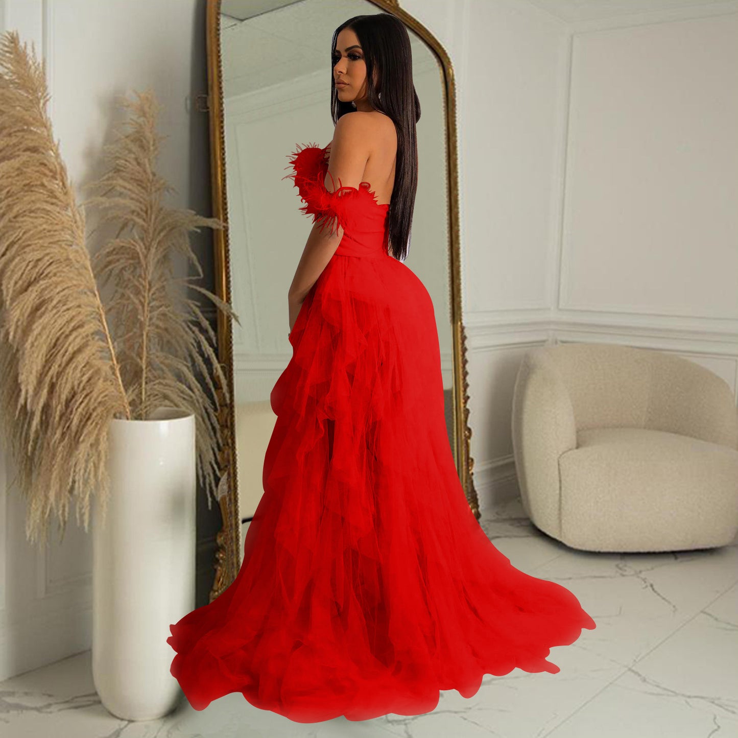 Elegant Solid Color Sleeveless Mesh Dress With Tube Bra Neckline For Banquet, Made Of Polyester