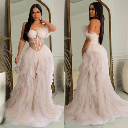 Elegant Solid Color Sleeveless Mesh Dress With Tube Bra Neckline For Banquet, Made Of Polyester