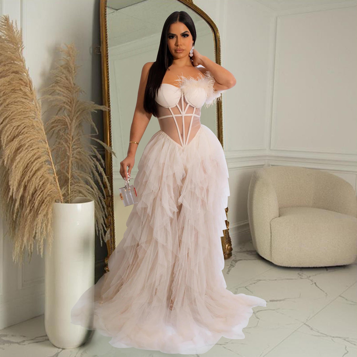 Elegant Solid Color Sleeveless Mesh Dress With Tube Bra Neckline For Banquet, Made Of Polyester