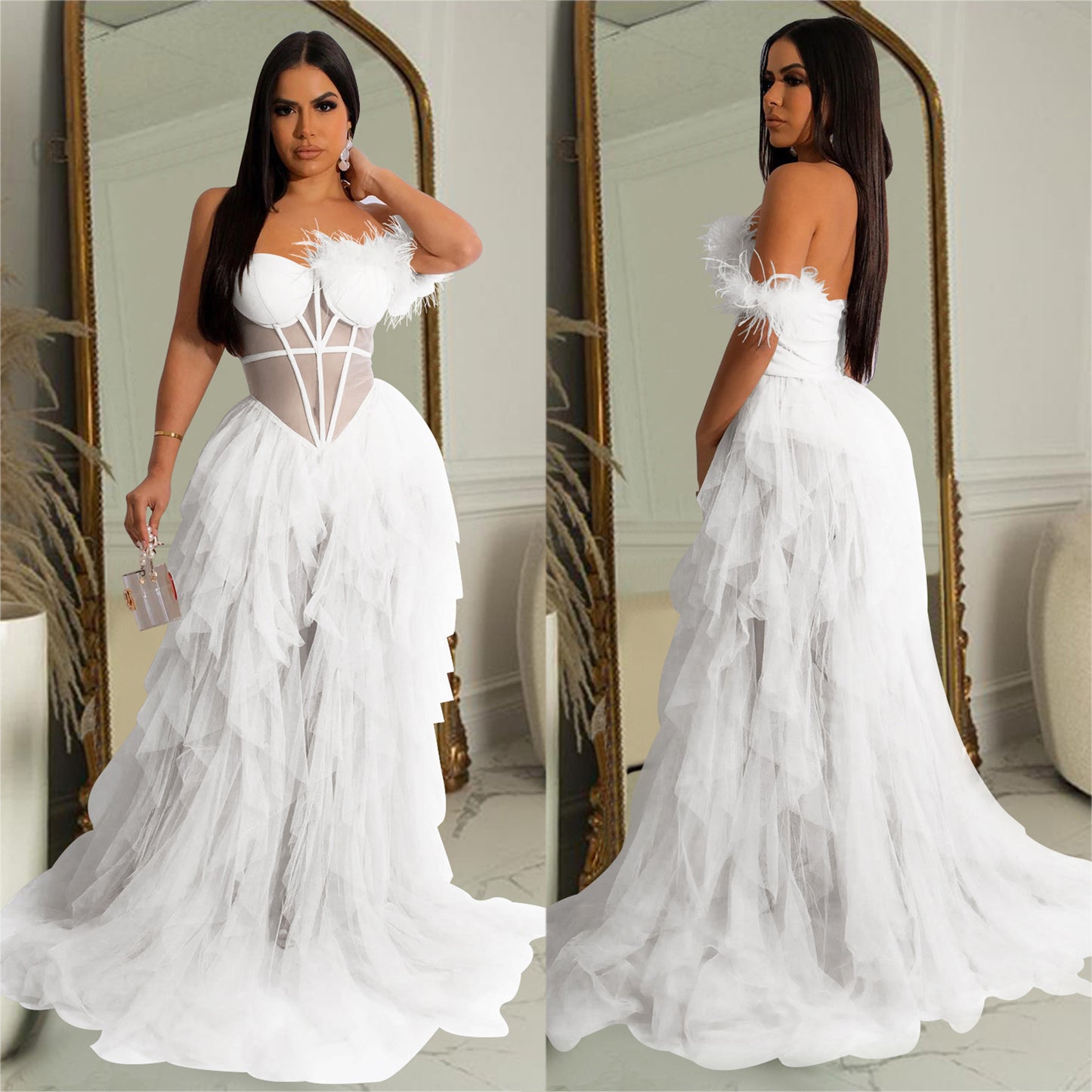 Elegant Solid Color Sleeveless Mesh Dress With Tube Bra Neckline For Banquet, Made Of Polyester