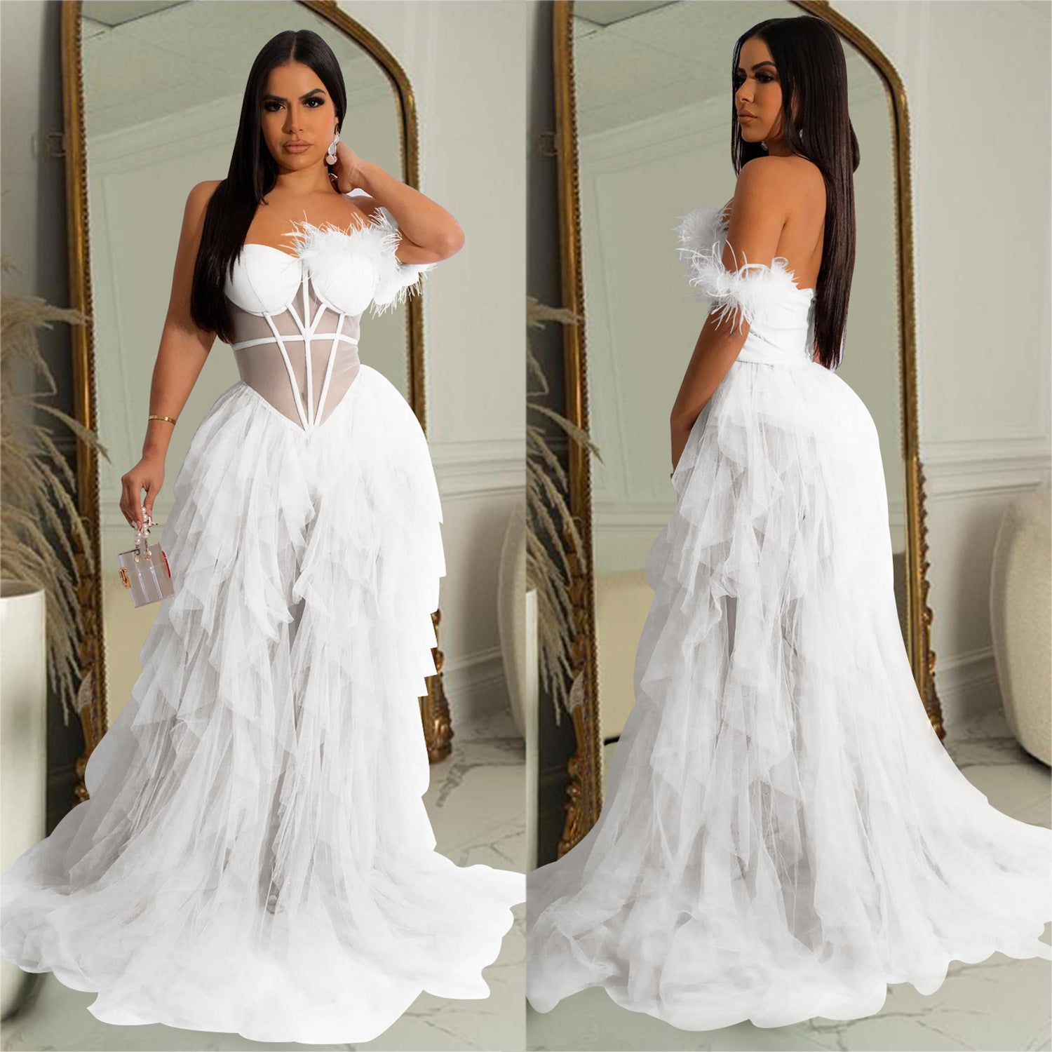 Elegant Solid Color Sleeveless Mesh Dress With Tube Bra Neckline For Banquet, Made Of Polyester