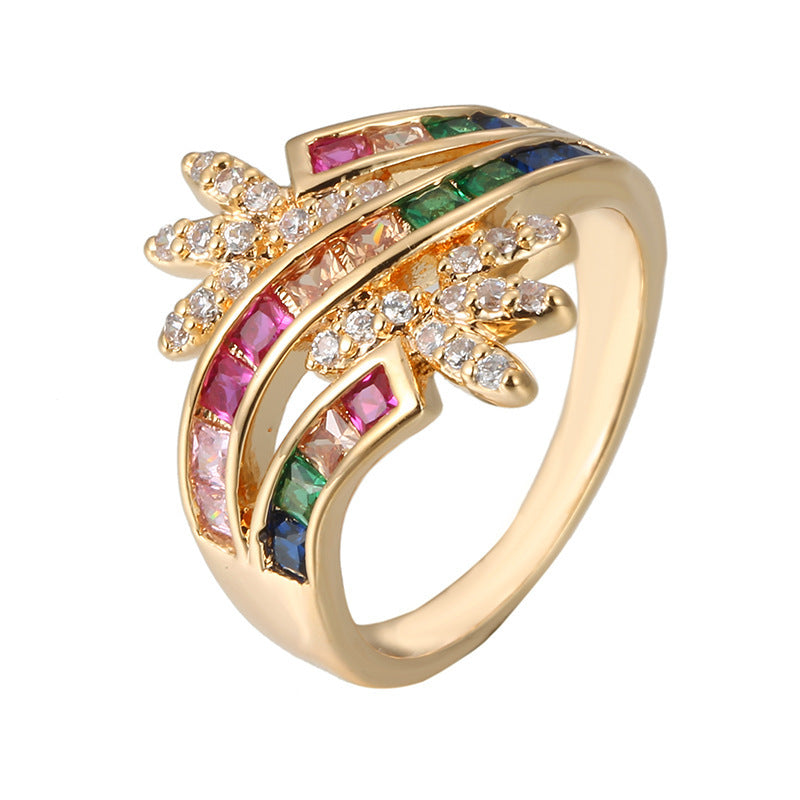 Sweet Flowers Copper Ring For Women With White Zircon Inlay