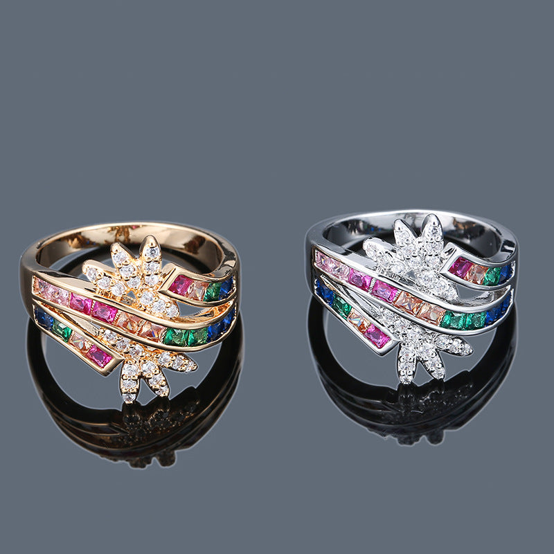 Sweet Flowers Copper Ring For Women With White Zircon Inlay