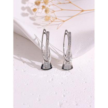 Geometric Clip Earrings For Women In Simple Style, Copper Material With Electroplated Gold Plating And Zircon Inlay