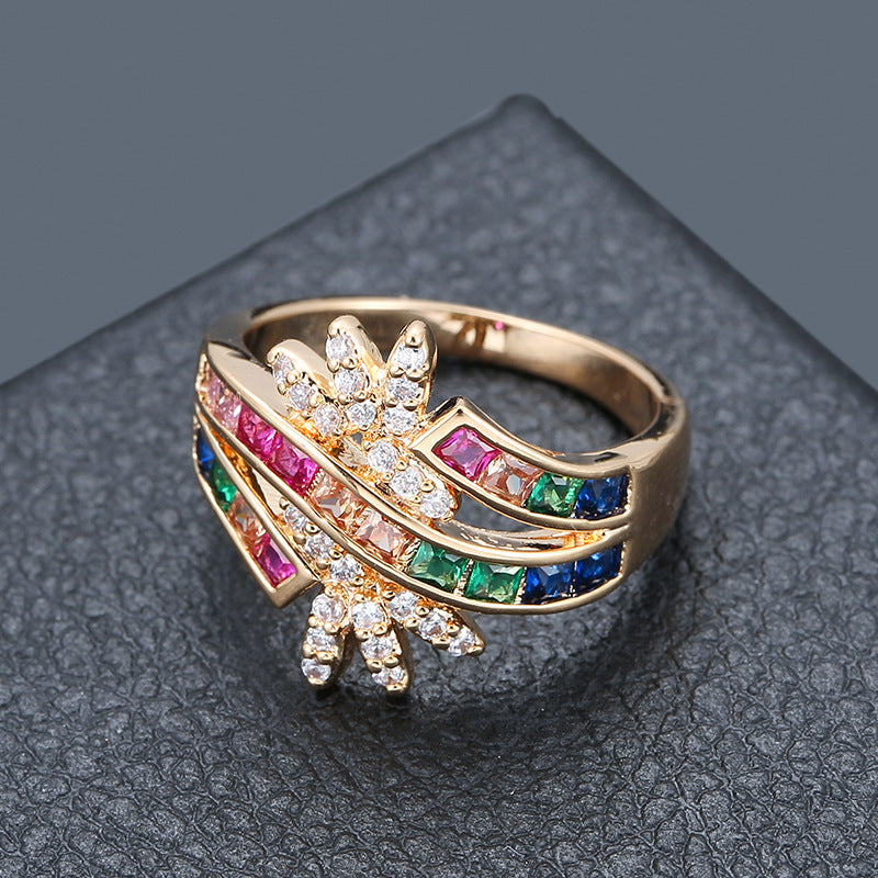 Sweet Flowers Copper Ring For Women With White Zircon Inlay