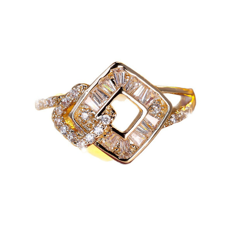 Geometric Copper Ring For Women With Zircon Inlay In Elegant Gold