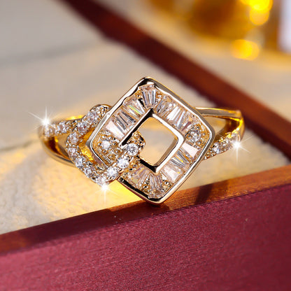 Geometric Copper Ring For Women With Zircon Inlay In Elegant Gold