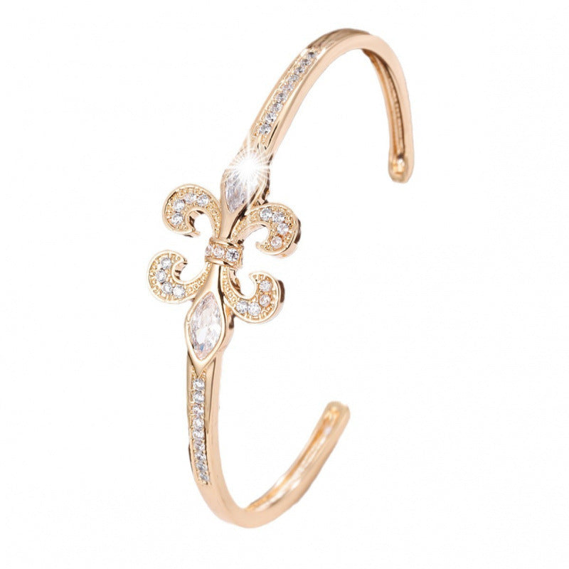 Simple Style Copper Bangle With Zircon Inlay, Electroplated Gold Plating, 1 Piece