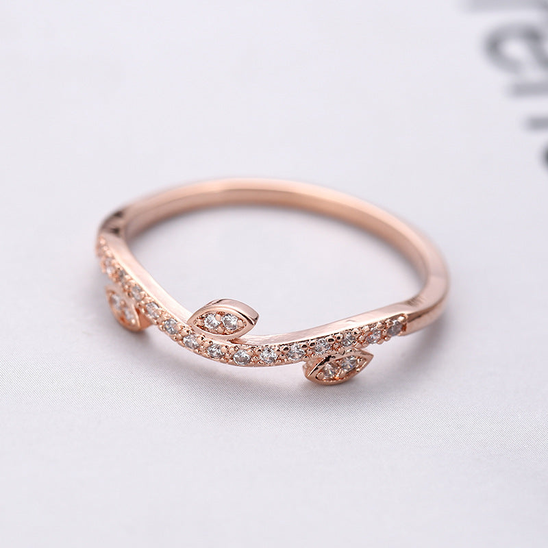 Leaves Ring For Women, Electroplated Copper With Zircon Inlay