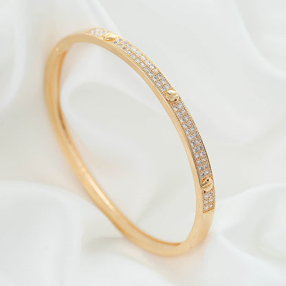 Inlay Wristband Bangle In Gold Copper With Electroplated Finish And Zircon Inlay