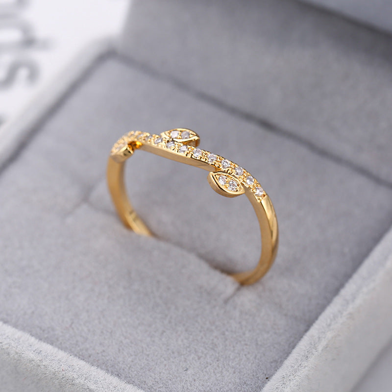 Leaves Ring For Women, Electroplated Copper With Zircon Inlay