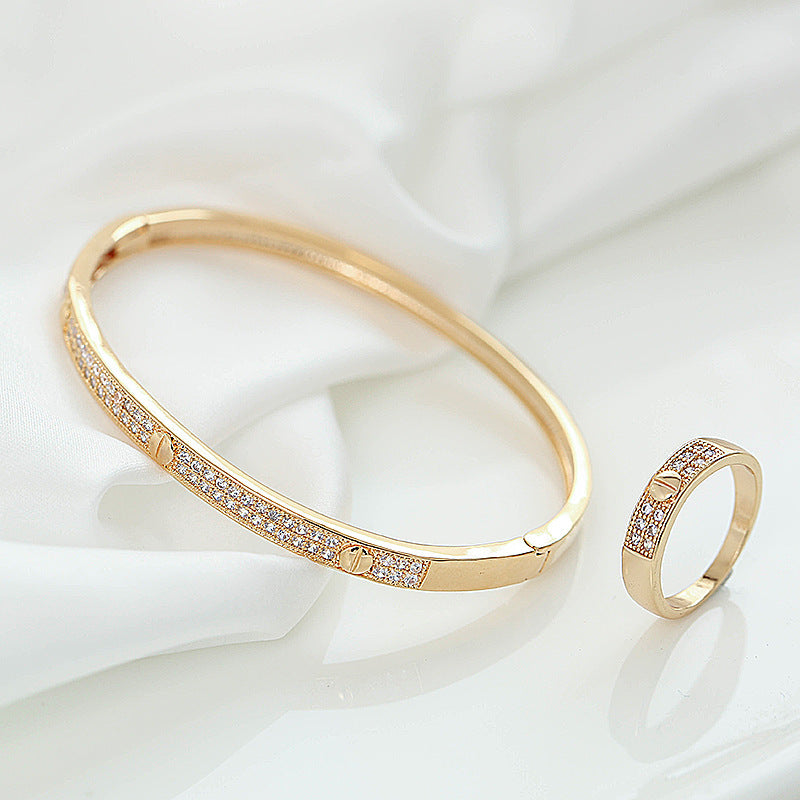 Inlay Wristband Bangle In Gold Copper With Electroplated Finish And Zircon Inlay