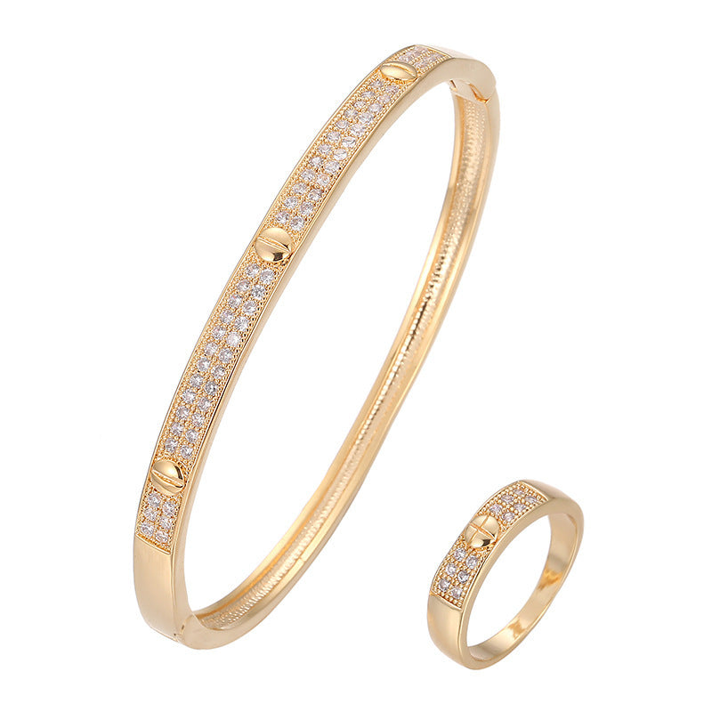 Inlay Wristband Bangle In Gold Copper With Electroplated Finish And Zircon Inlay
