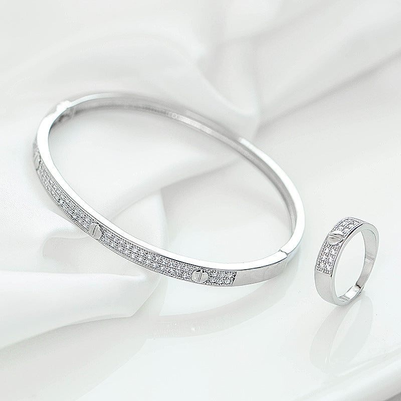 Inlay Wristband Bangle In Gold Copper With Electroplated Finish And Zircon Inlay