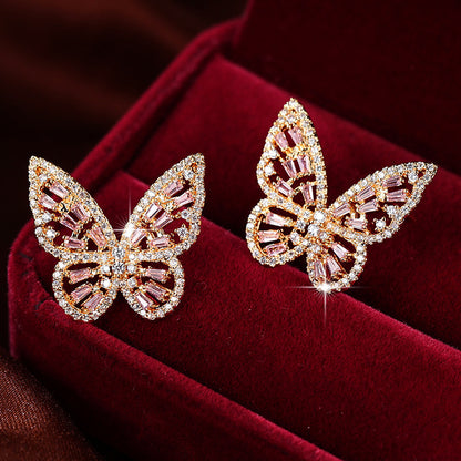 Butterfly Stud Earrings For Women In With Natural Pink Rhinestones And Copper Bezel Setting