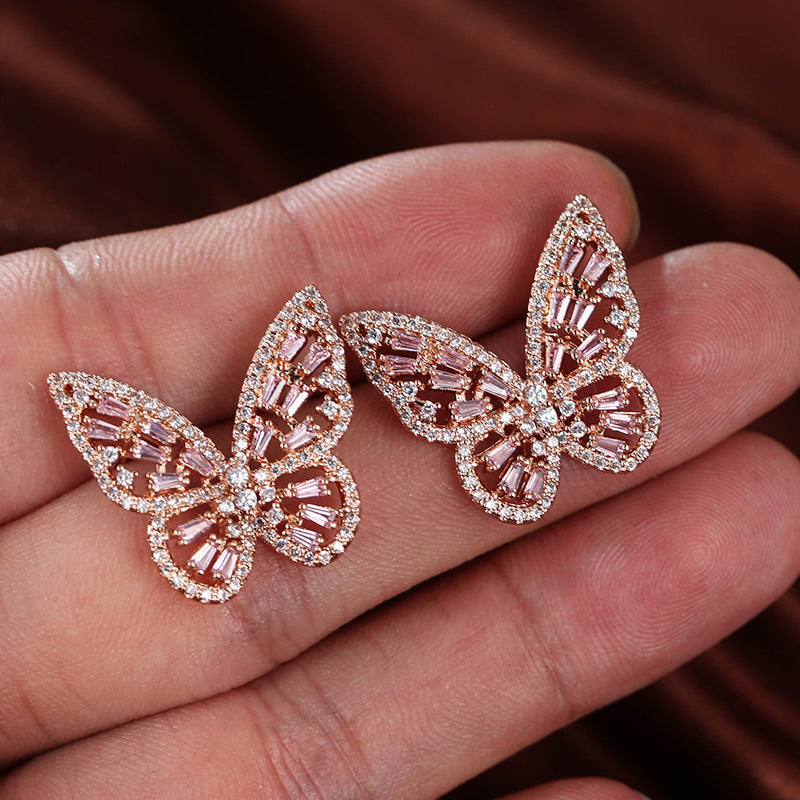 Butterfly Stud Earrings For Women In With Natural Pink Rhinestones And Copper Bezel Setting