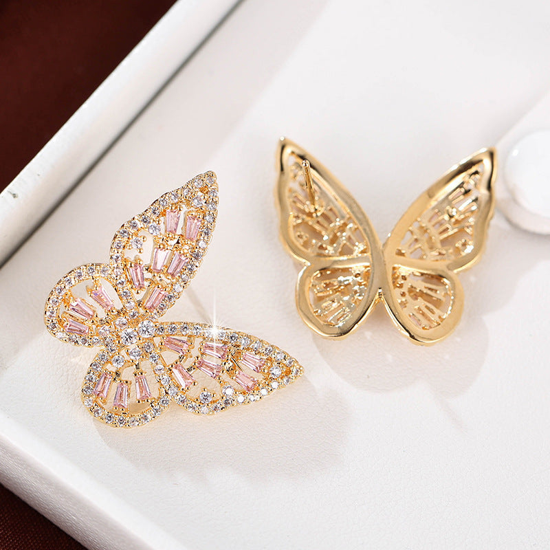 Butterfly Stud Earrings For Women In With Natural Pink Rhinestones And Copper Bezel Setting