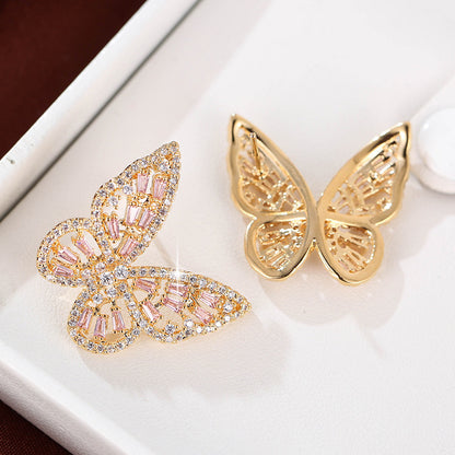 Butterfly Stud Earrings For Women In With Natural Pink Rhinestones And Copper Bezel Setting