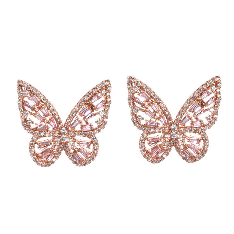 Butterfly Stud Earrings For Women In With Natural Pink Rhinestones And Copper Bezel Setting
