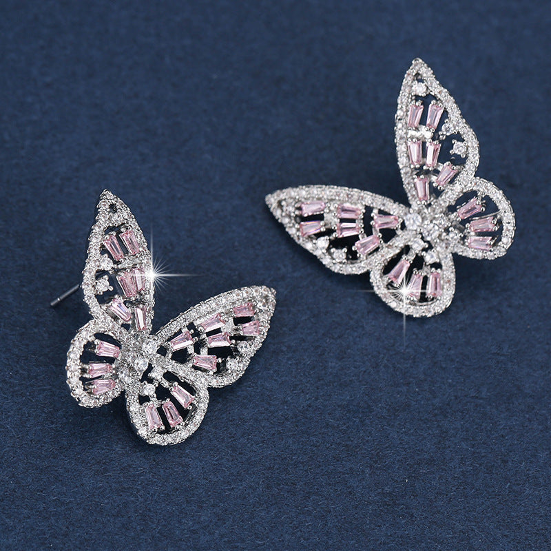 Butterfly Stud Earrings For Women In With Natural Pink Rhinestones And Copper Bezel Setting