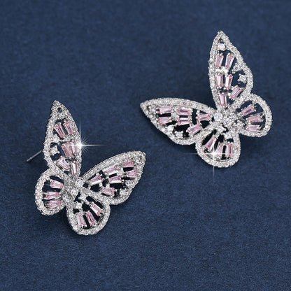Butterfly Stud Earrings For Women In With Natural Pink Rhinestones And Copper Bezel Setting