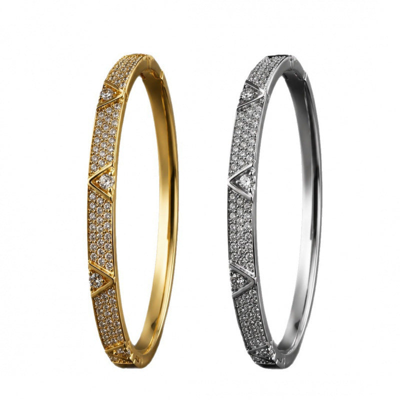 Retro Rhombus Inlay Bangle In Copper With Golden Plated Electroplated Finish Featuring Zircon Inlay