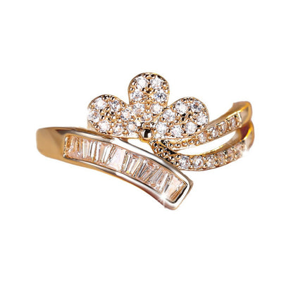 Elegant Copper Ring For Women Featuring Flower Design And Zircon Inlay In Gold