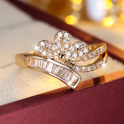 Elegant Copper Ring For Women Featuring Flower Design And Zircon Inlay In Gold