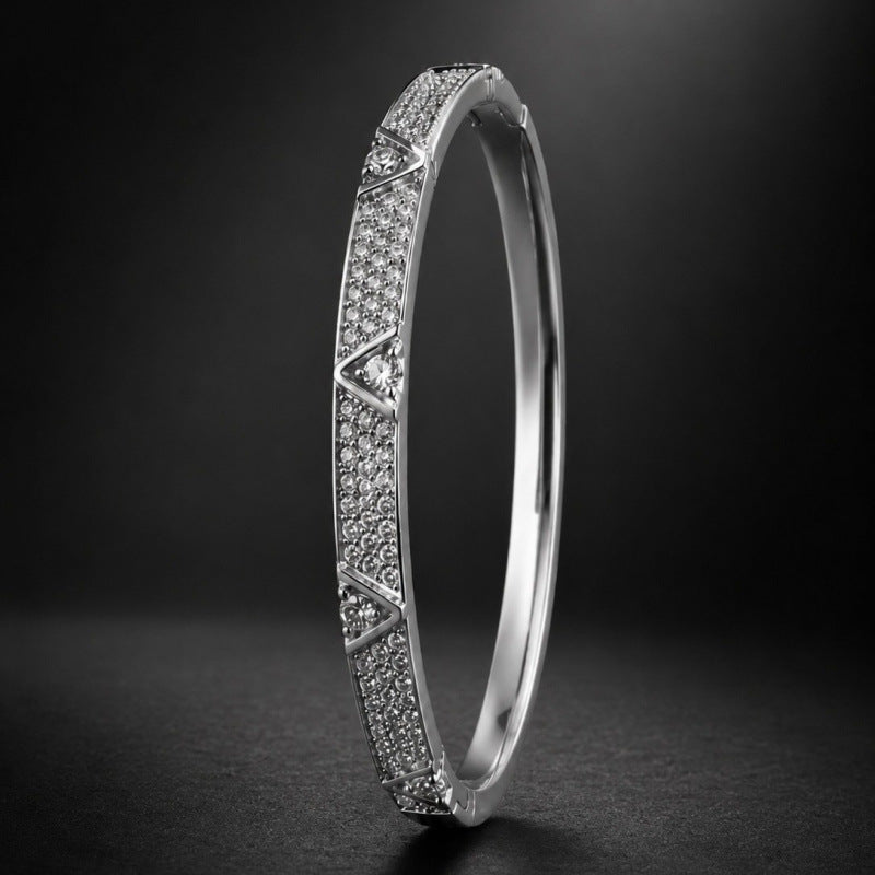 Retro Rhombus Inlay Bangle In Copper With Golden Plated Electroplated Finish Featuring Zircon Inlay