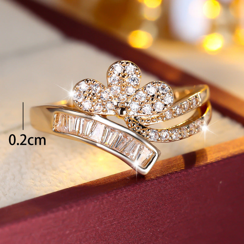 Elegant Copper Ring For Women Featuring Flower Design And Zircon Inlay In Gold