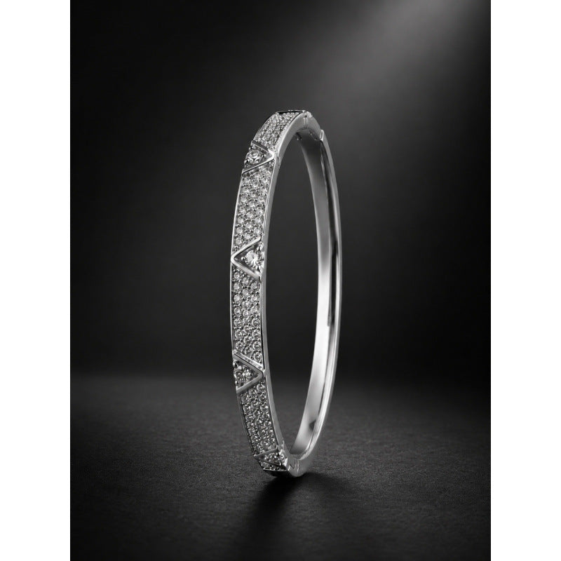 Retro Rhombus Inlay Bangle In Copper With Golden Plated Electroplated Finish Featuring Zircon Inlay