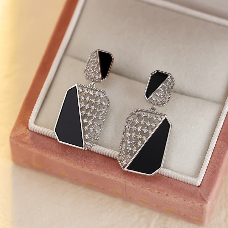Geometric Earrings For Women In Silver Featuring Copper Ear Pins And Zircon Inlay