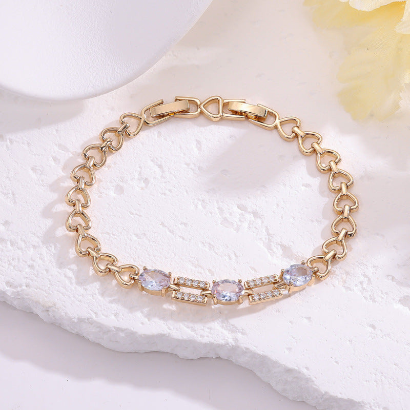 Simple Style Women’s Copper Bracelet With Electroplated Gold Plating And Zircon Inlay, Elegant Gold Tone Jewelry