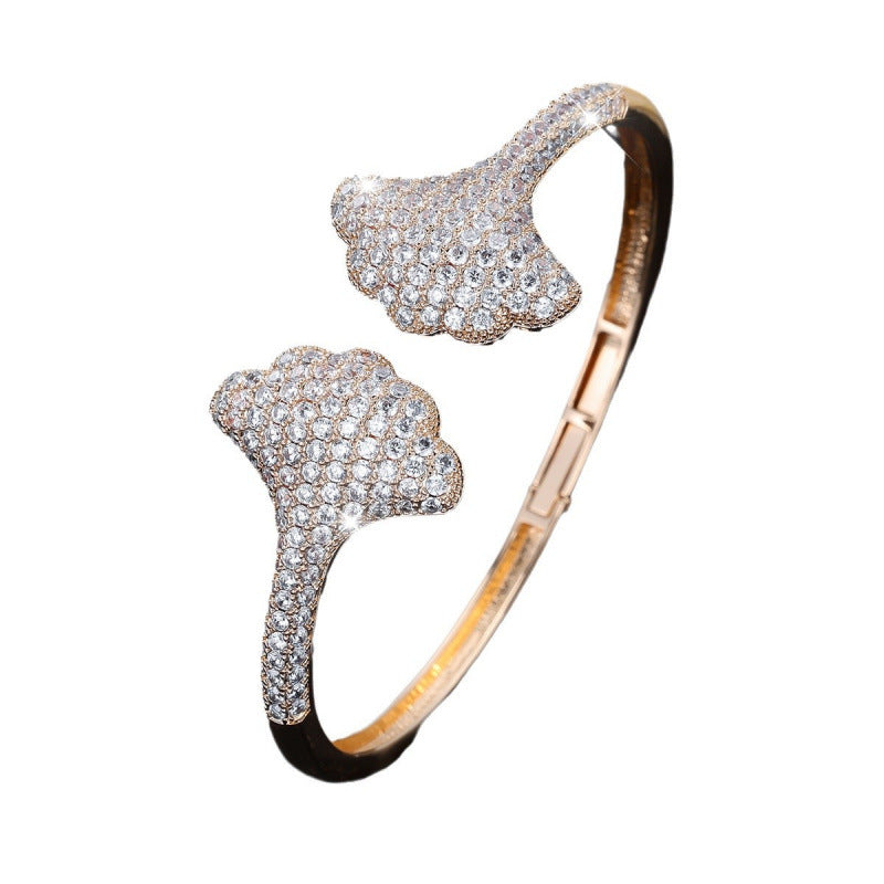 Elegant Sector Inlay Bangle For Women, Copper Material With Electroplated Gold Plating And Zircon Inlay