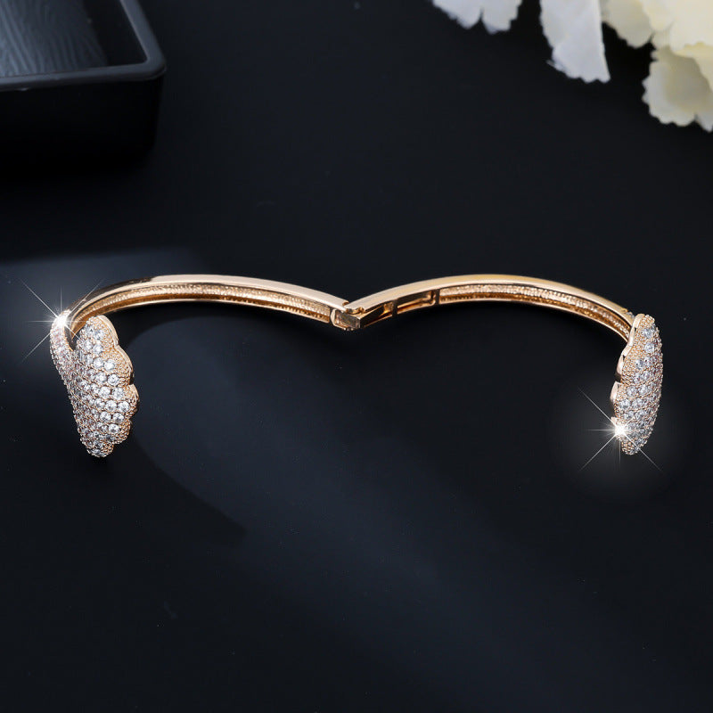 Elegant Sector Inlay Bangle For Women, Copper Material With Electroplated Gold Plating And Zircon Inlay