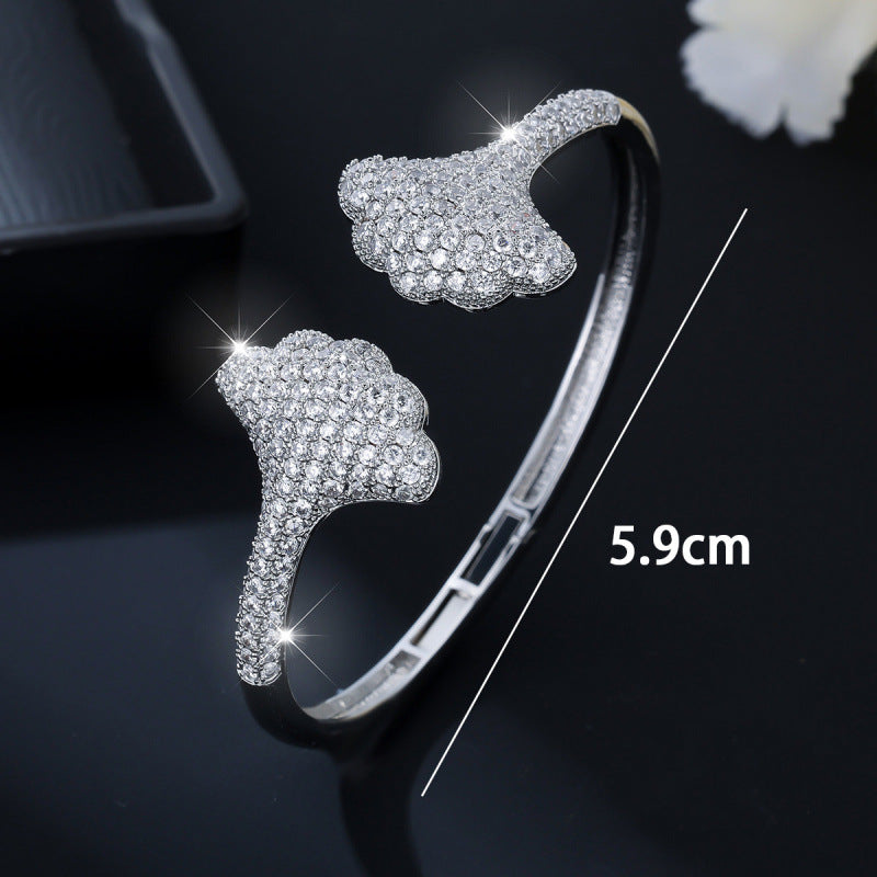 Elegant Sector Inlay Bangle For Women, Copper Material With Electroplated Gold Plating And Zircon Inlay