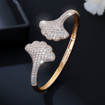 Elegant Sector Inlay Bangle For Women, Copper Material With Electroplated Gold Plating And Zircon Inlay