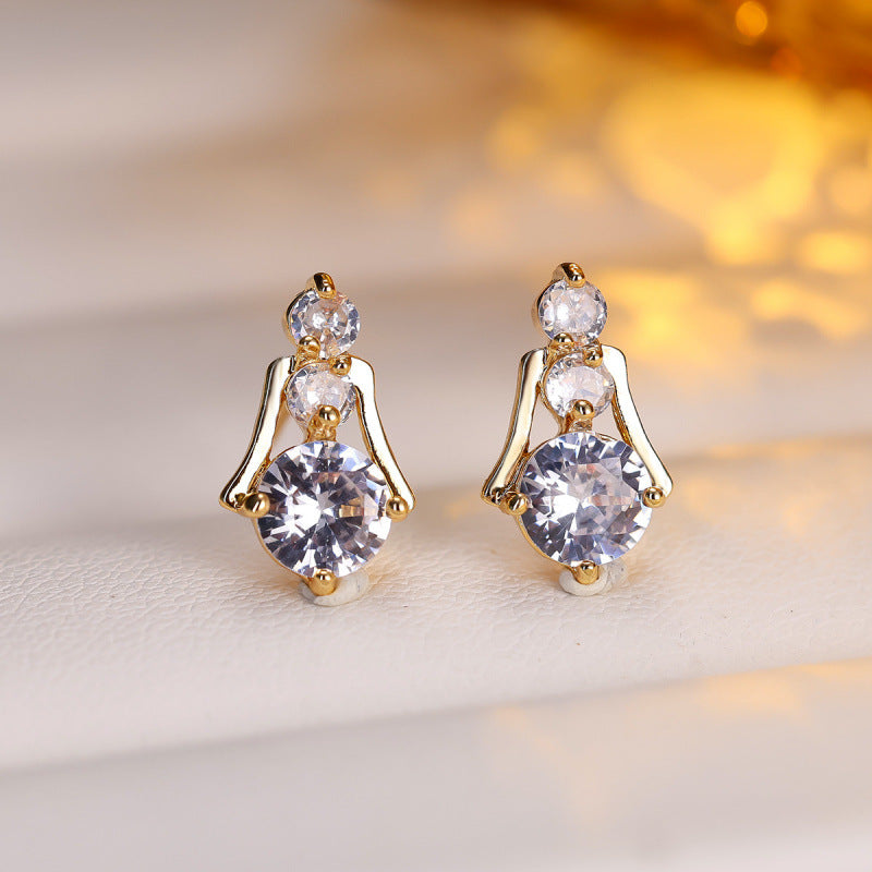 Geometric Gold Stud Earrings For Women Featuring Copper Ear Pins And Zircon Inlay