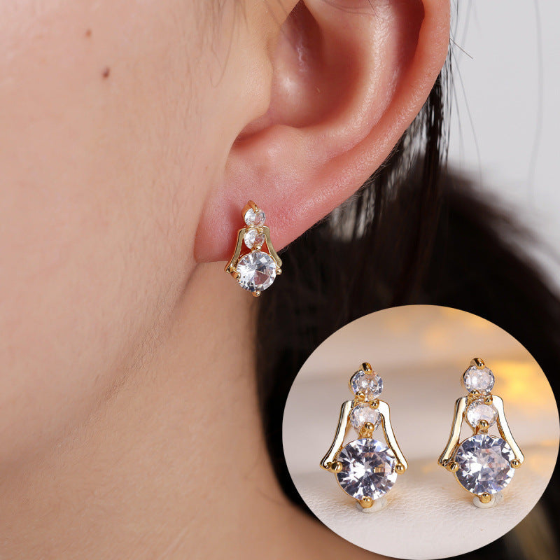 Geometric Gold Stud Earrings For Women Featuring Copper Ear Pins And Zircon Inlay