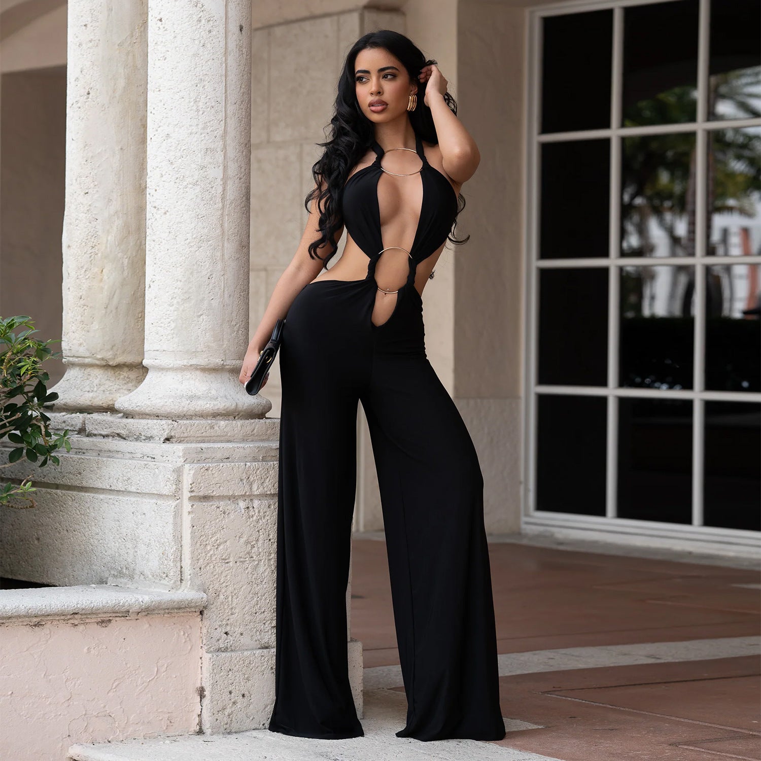 Solid Color Casual Full Length Jumpsuit For Women In Polyester Fabric With Backless Design And Sleeveless Style