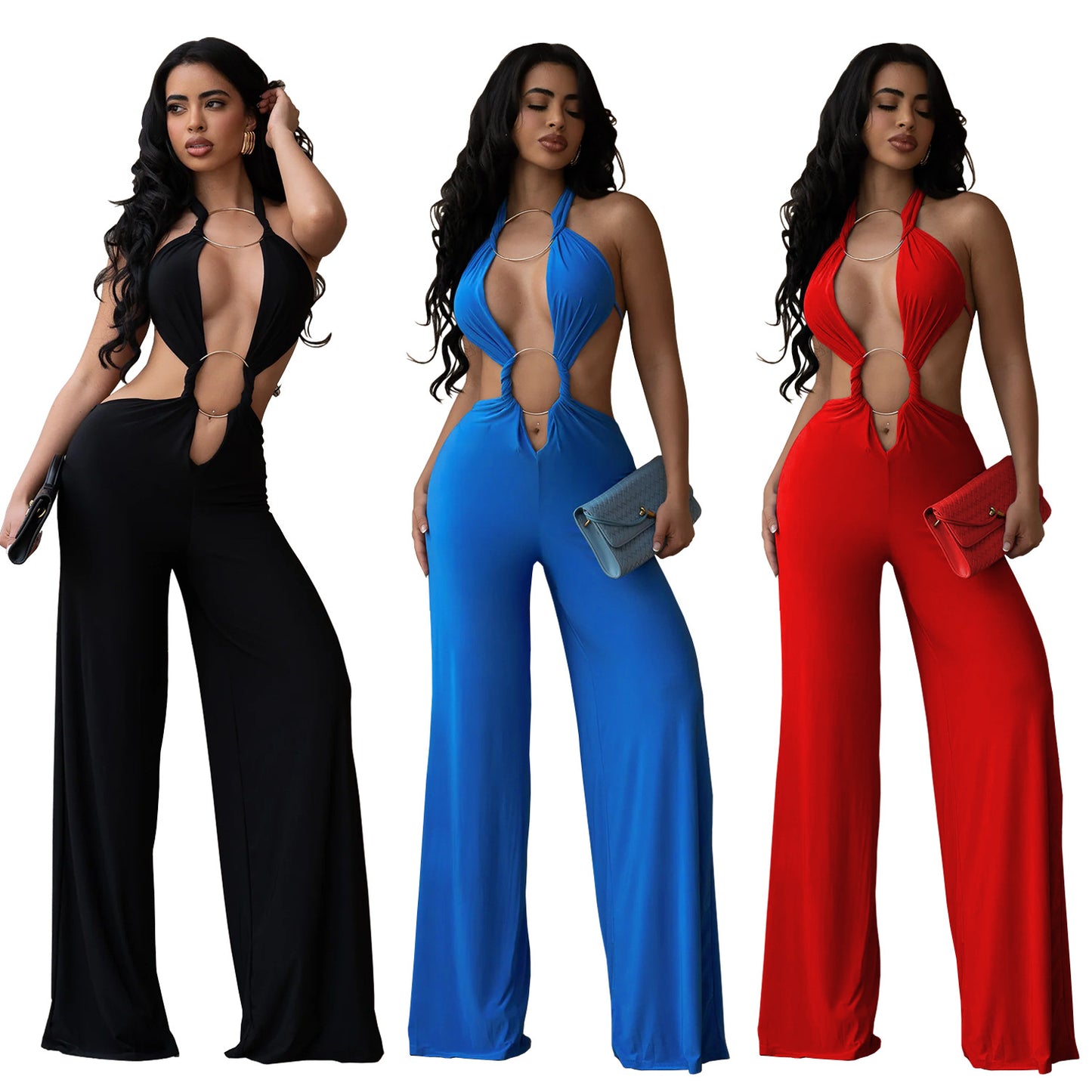 Solid Color Casual Full Length Jumpsuit For Women In Polyester Fabric With Backless Design And Sleeveless Style