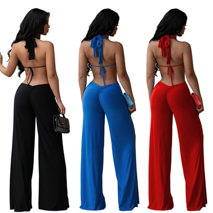 Solid Color Casual Full Length Jumpsuit For Women In Polyester Fabric With Backless Design And Sleeveless Style