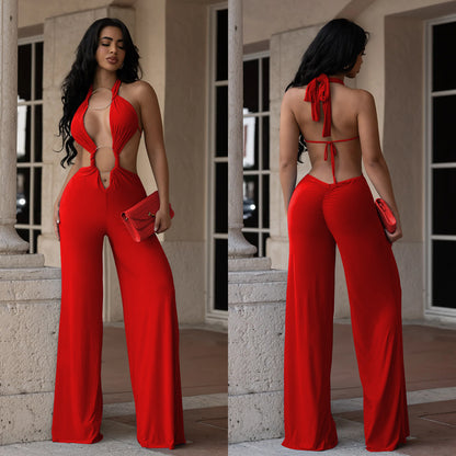 Solid Color Casual Full Length Jumpsuit For Women In Polyester Fabric With Backless Design And Sleeveless Style