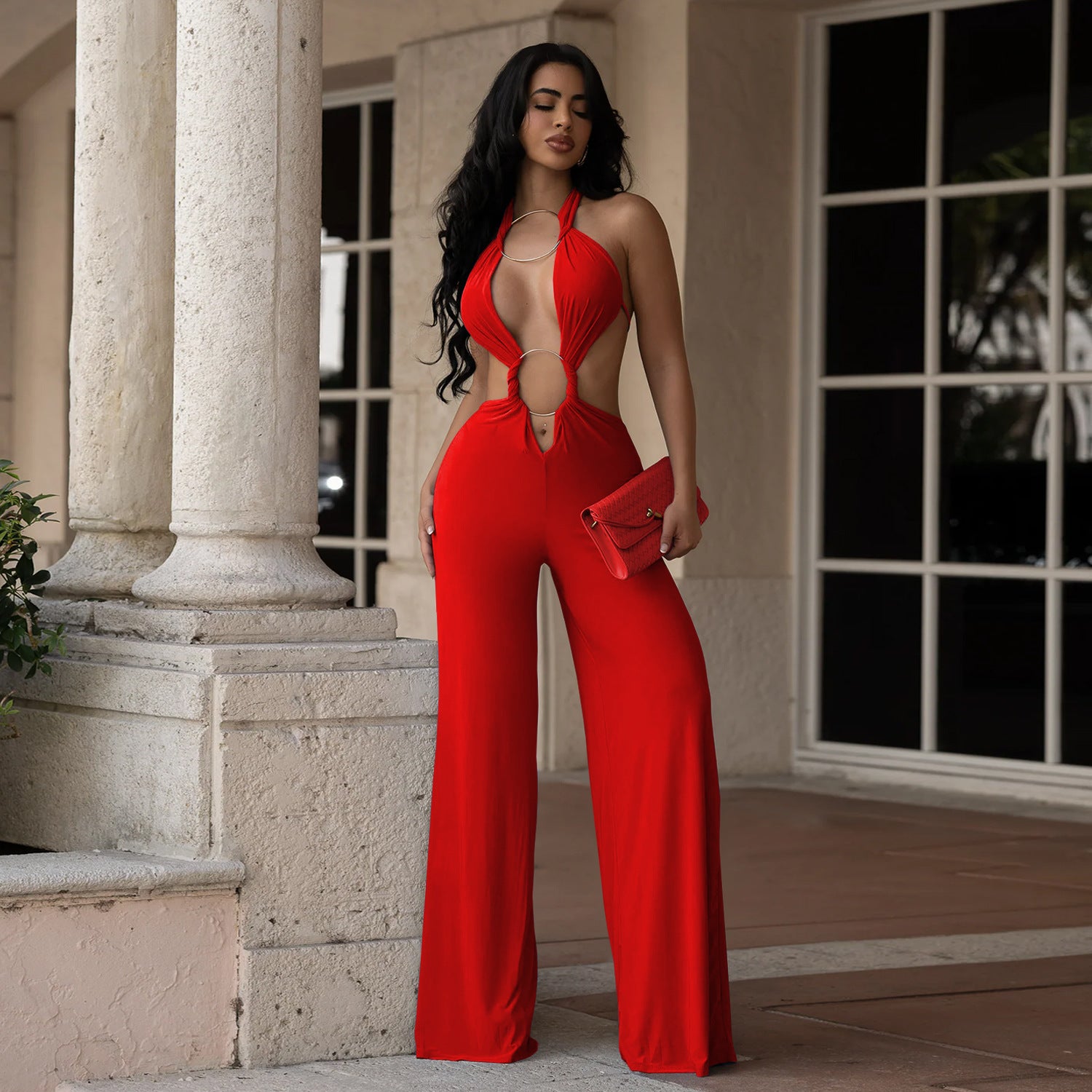 Solid Color Casual Full Length Jumpsuit For Women In Polyester Fabric With Backless Design And Sleeveless Style