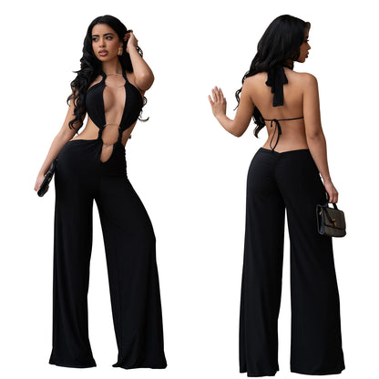 Solid Color Casual Full Length Jumpsuit For Women In Polyester Fabric With Backless Design And Sleeveless Style