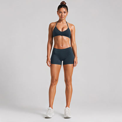Sport Running Shorts For Women In Stretchy Nylon Fabric Featuring A Backless Design And Sleeveless Style