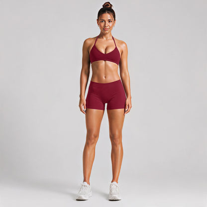 Sport Running Shorts For Women In Stretchy Nylon Fabric Featuring A Backless Design And Sleeveless Style
