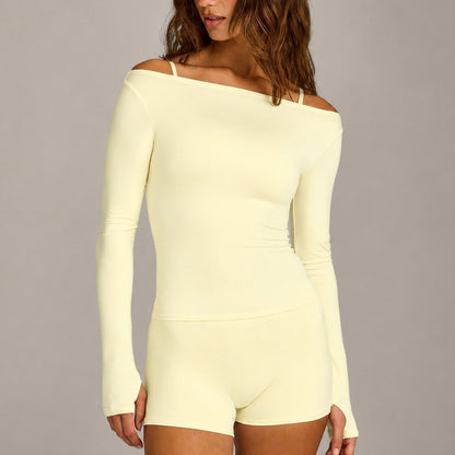 Women’s Solid Color Off Shoulder T-shirt In White Nylon Fabric, Pullover Style Yoga Top