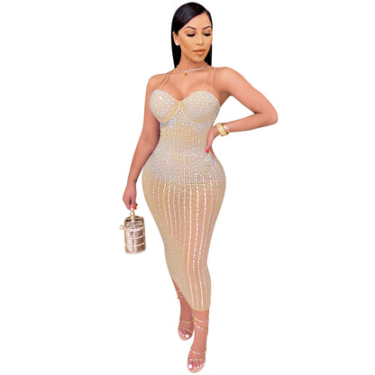 Elegant Sleeveless Strap Dress For Party In Polyester Fabric, Available As A Midi Dress