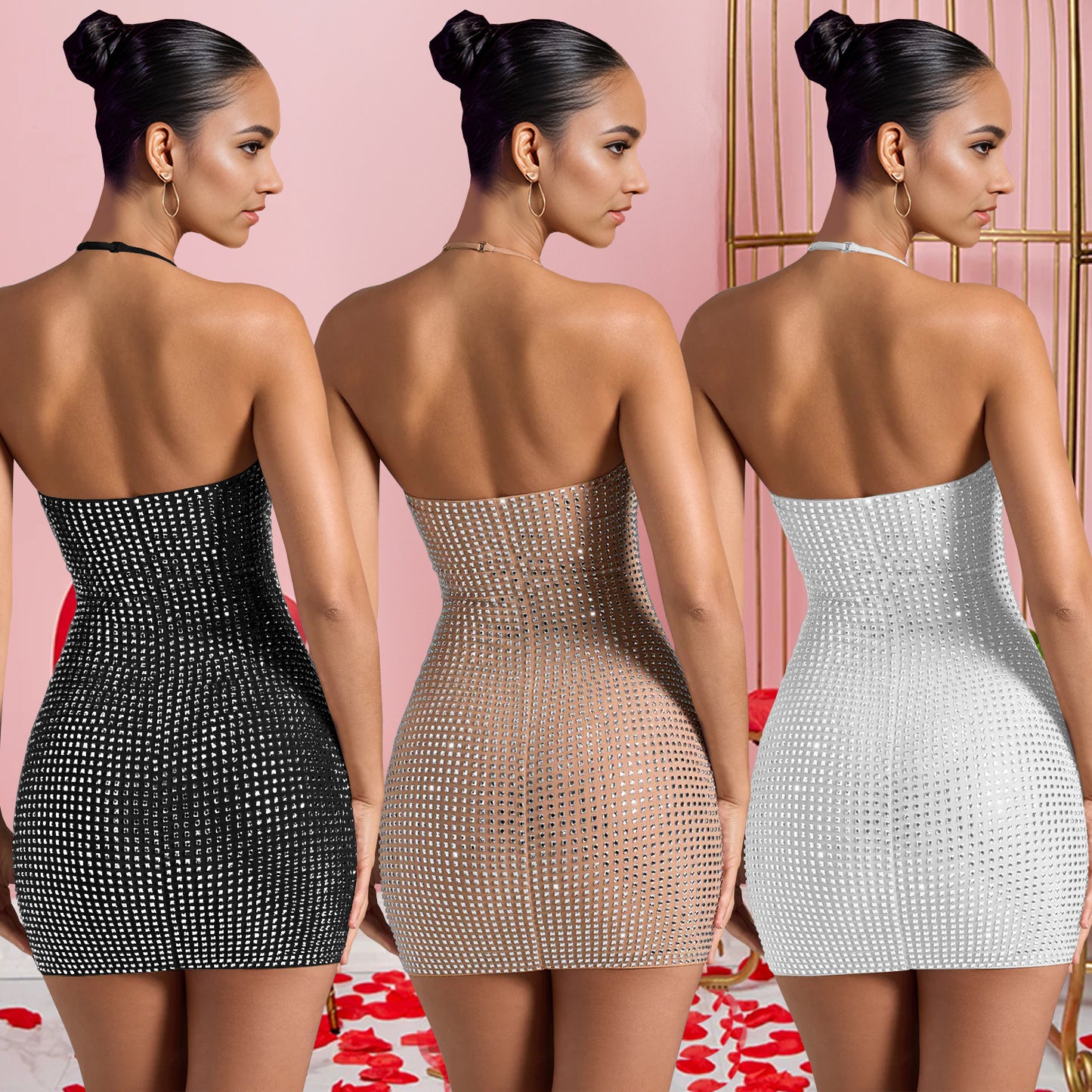 Solid Color Sleeveless Bodycon Dress With Halter Neck In Polyester Fabric For Sexy Banquet Wear